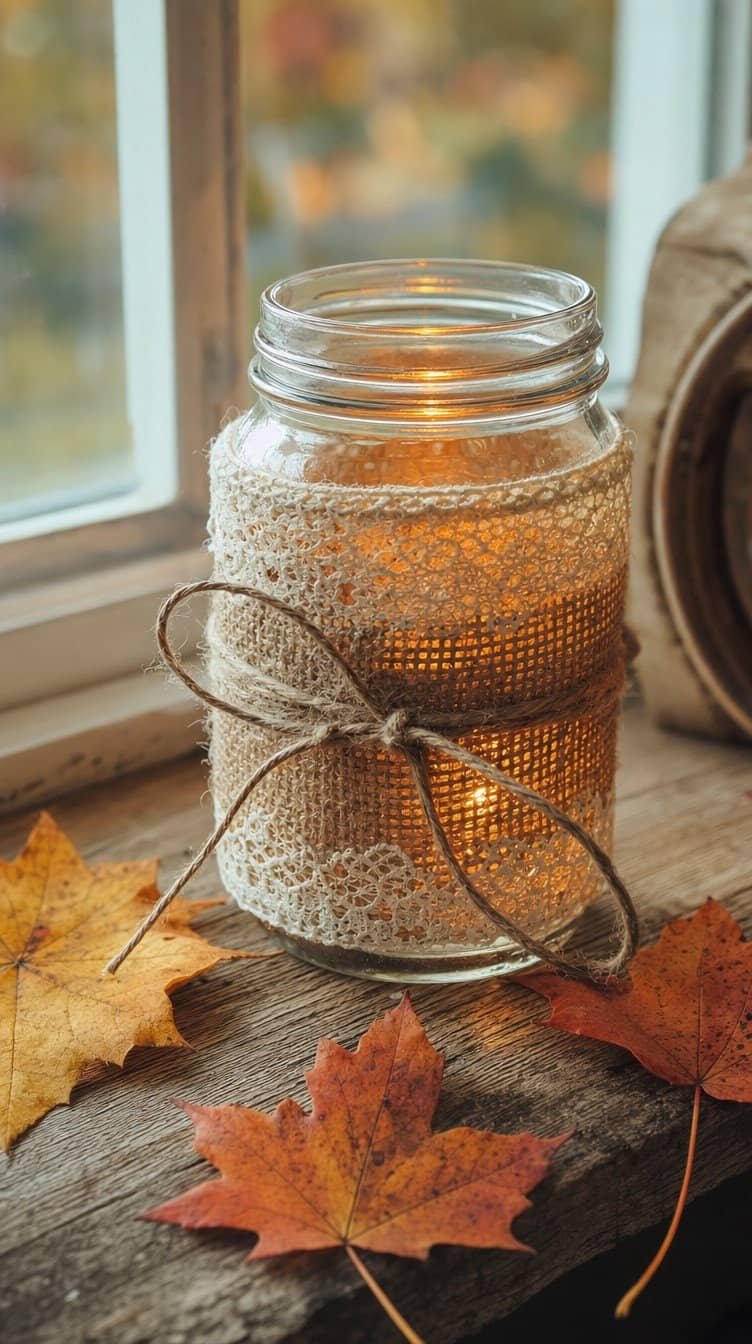 Mason jar candle holder wrapped in burlap and lace with a glowing tea light on a windowsill - fall mason jar crafts