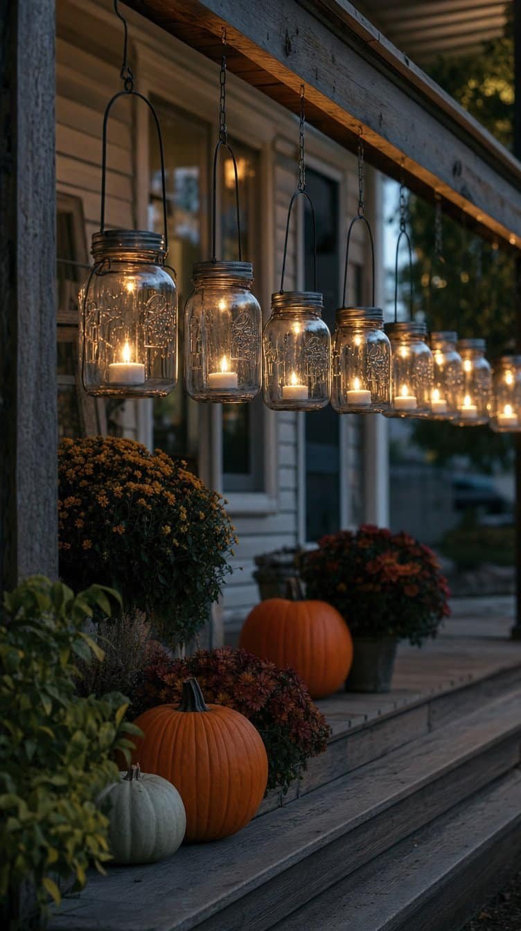 Mason jar lanterns with wire handles glowing from a front porch beam above pumpkins