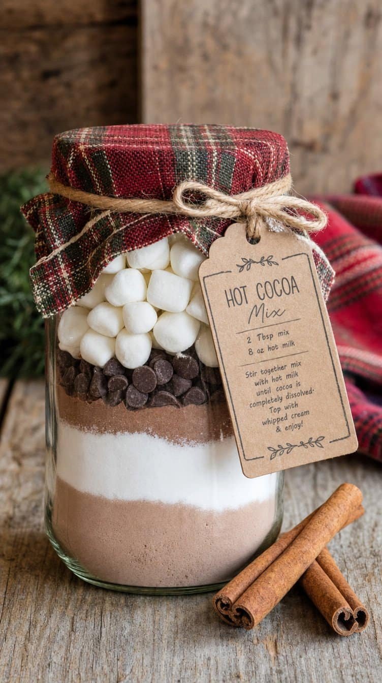 Layered hot cocoa mix mason jar gift with marshmallows, plaid lid topper, and recipe tag