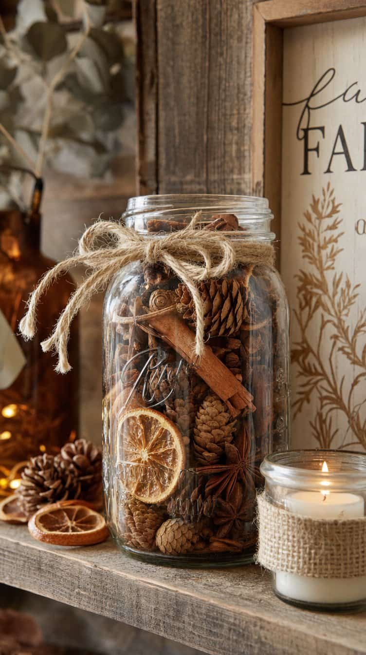 Mason jar potpourri of pinecones, cinnamon sticks, dried orange slices, and star anise