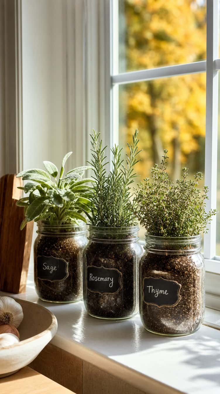 Three mason jar herb planters with sage, rosemary, and thyme on a sunny kitchen windowsill