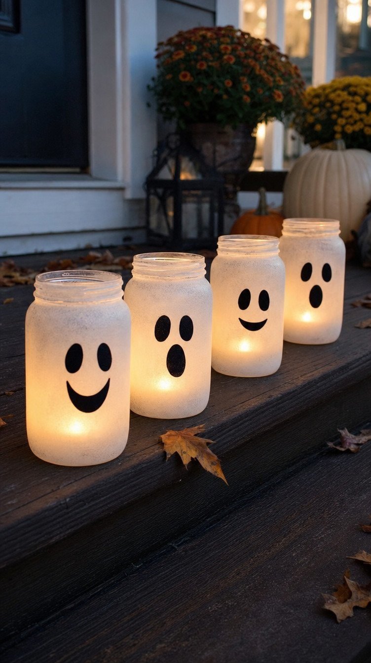 Frosted white mason jar ghost luminaries with black faces glowing on porch steps