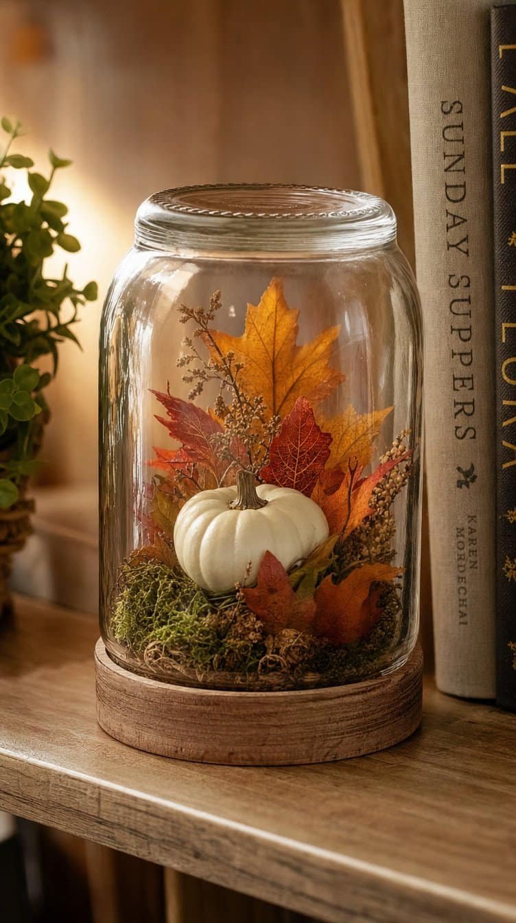 Upside down mason jar autumn globe with a tiny white pumpkin, moss, and faux leaves