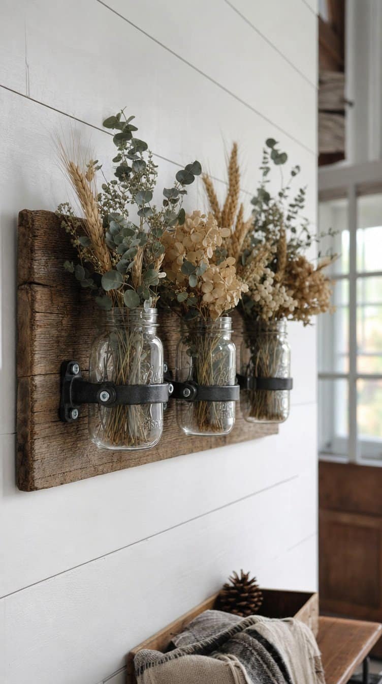Rustic wood mason jar wall sconce with dried hydrangeas and wheat on a shiplap wall