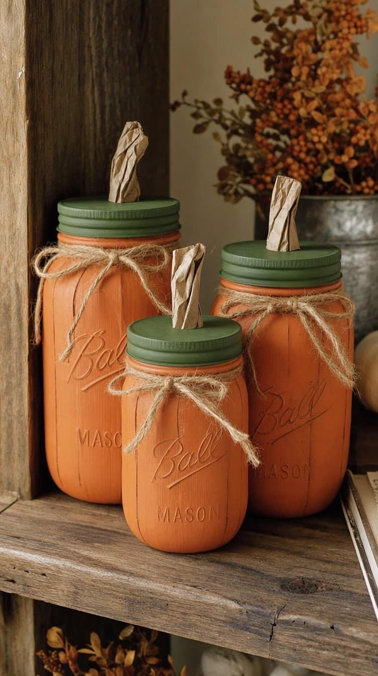 Three mason jars painted orange like pumpkins with green lids and paper stems on a shelf