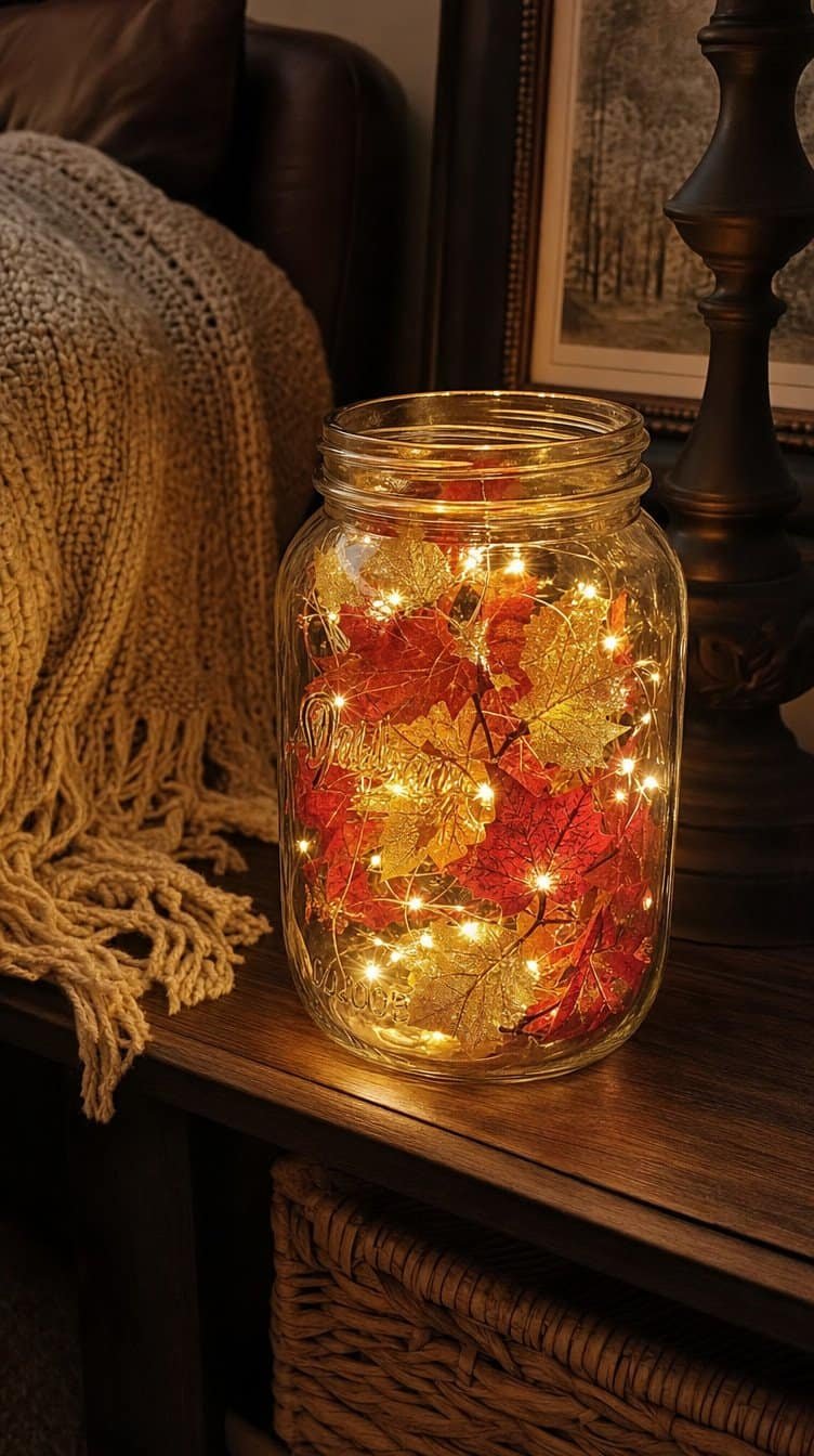 Mason jar filled with warm fairy lights and faux autumn leaves glowing on a side table