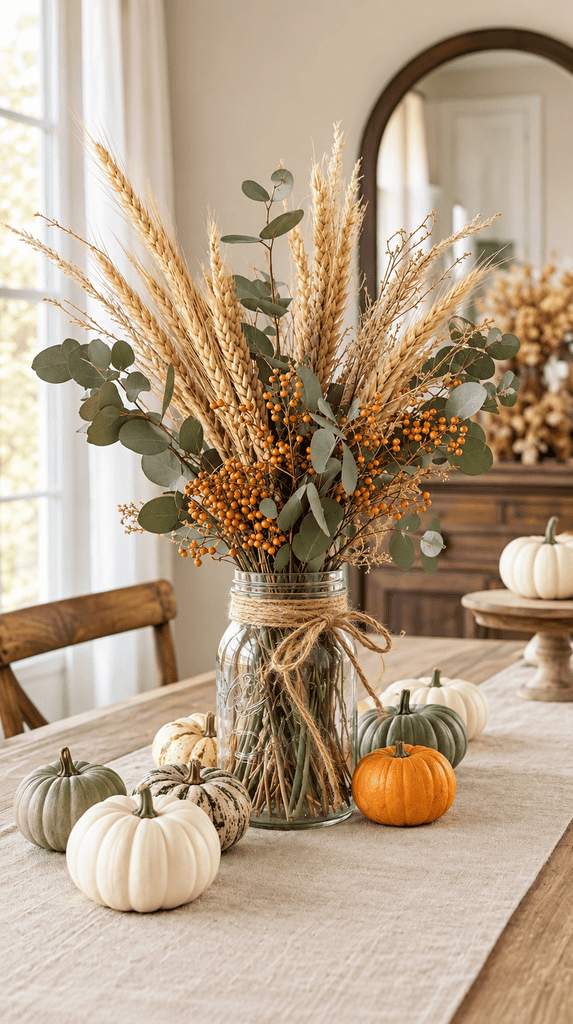 DIY fall centerpiece of dried wheat and eucalyptus in a twine wrapped mason jar vase