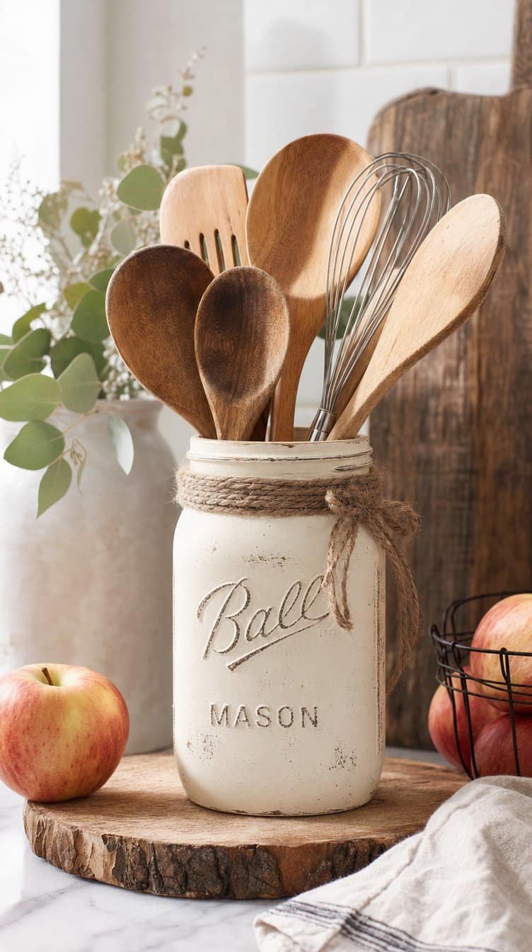 Cream chalk painted mason jar utensil holder with wooden spoons on a kitchen counter
