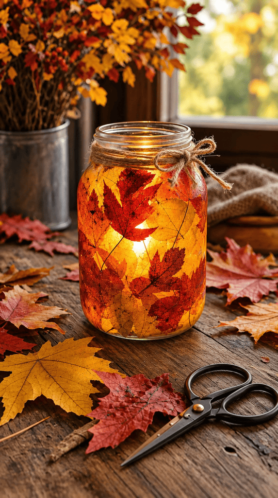 Mason jar decoupaged with pressed red and orange autumn leaves glowing with a candle