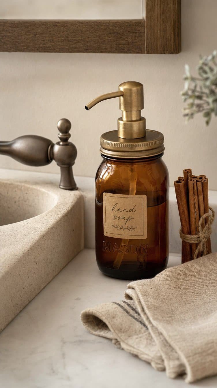 Amber mason jar soap dispenser with brass pump lid and kraft label beside a sink