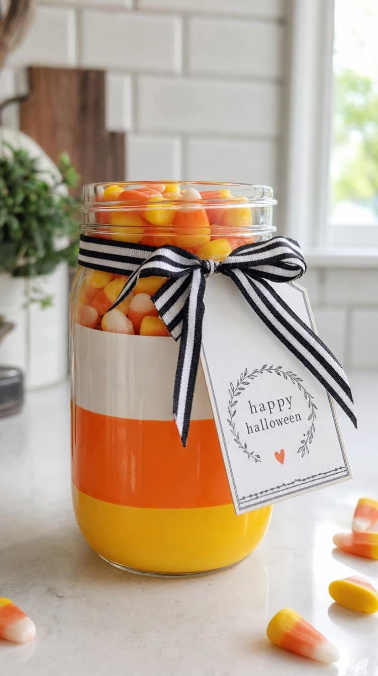 Mason jar painted in candy corn stripes filled with candy corn and tied with striped ribbon
