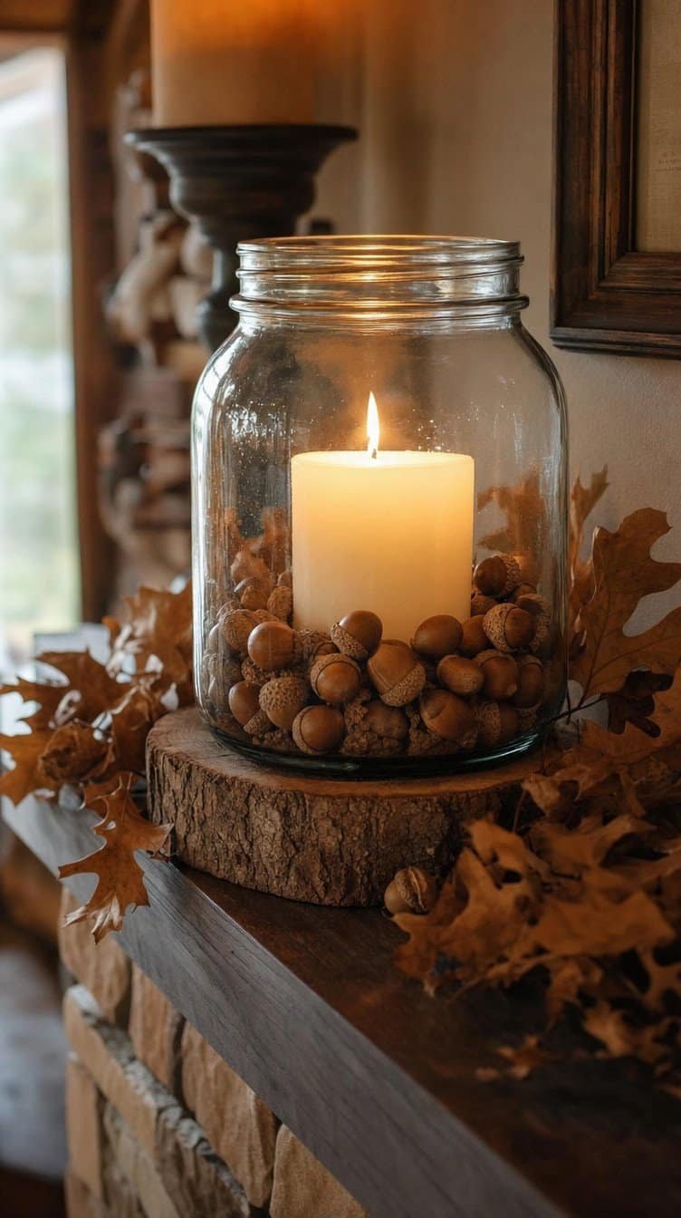 Wide mouth mason jar candle holder filled with acorns around a pillar candle on a mantel
