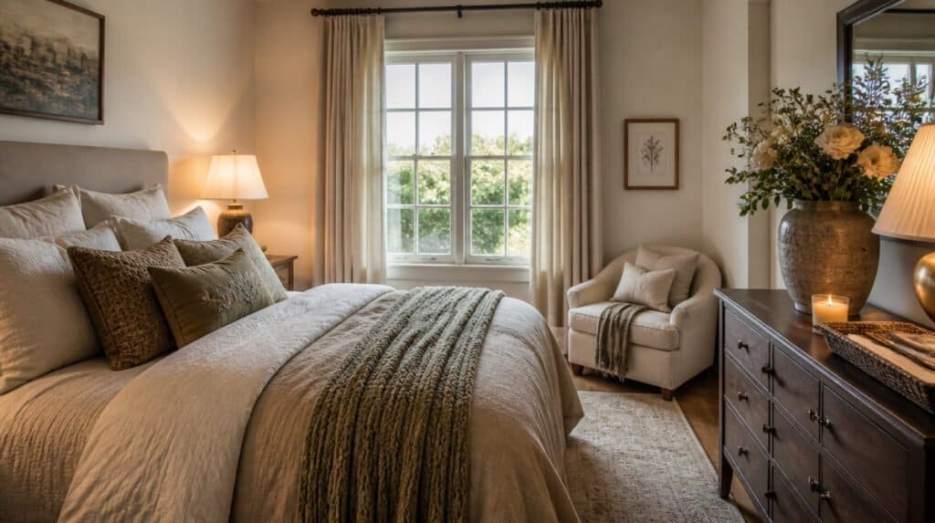 Cozy styled guest bedroom ready for holiday houseguests