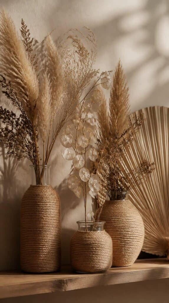 Rope wrapped glass vases styled with dried florals
