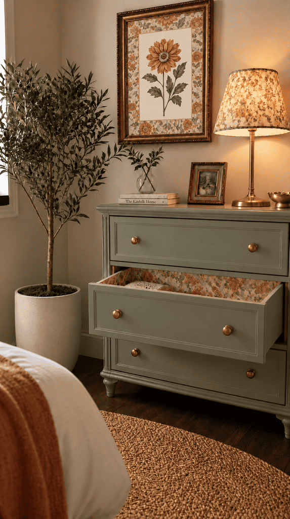 Bedroom corner styled with leftover wallpaper projects including a lampshade and framed art