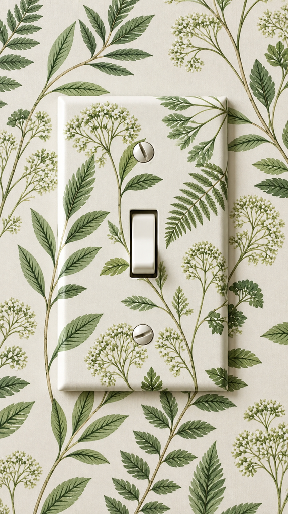 Light switch plate covered with leftover wallpaper matching the wall pattern