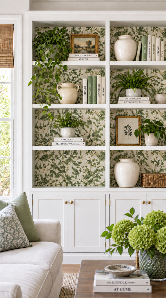White bookcase with botanical wallpaper back panel styled with books and plants