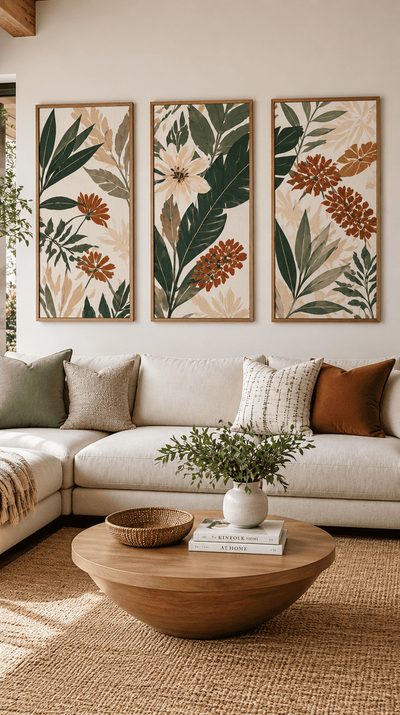 Three framed panels of leftover botanical wallpaper hung as art above a sofa