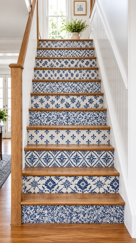 Stair risers covered with blue and white leftover wallpaper strips