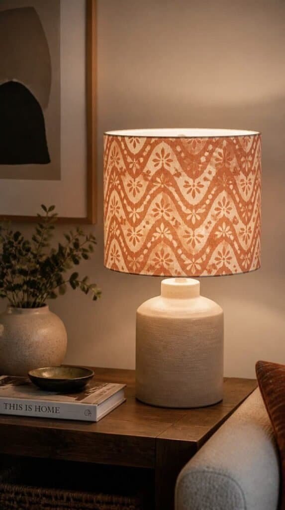 Lampshade covered with patterned leftover wallpaper glowing on a side table
