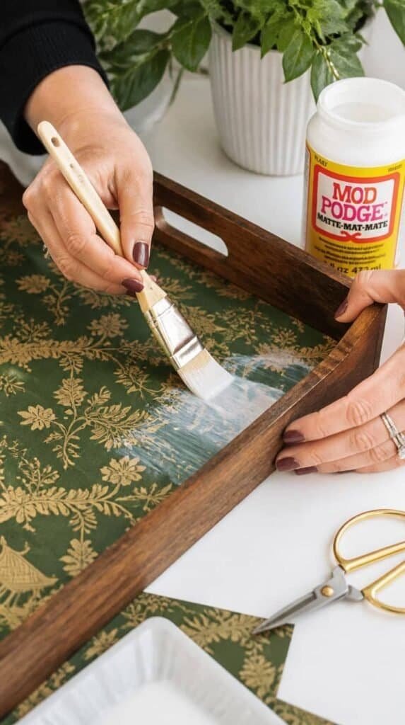 Hands decoupaging a wooden serving tray with leftover wallpaper
