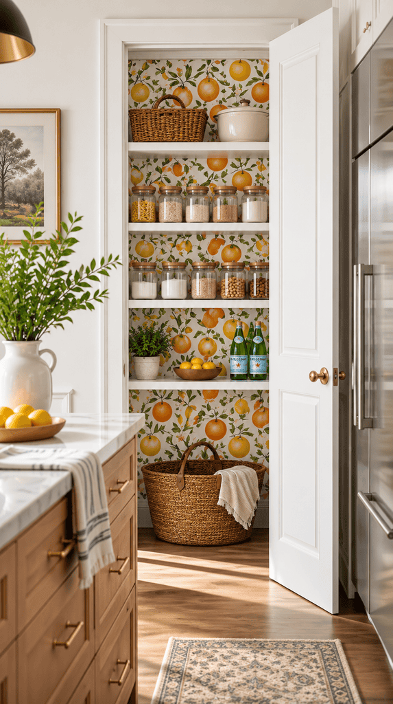 Pantry back wall covered in citrus print leftover wallpaper behind white shelves