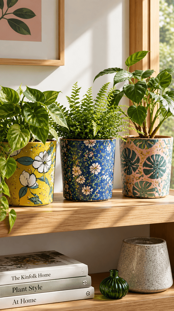 Terracotta planters wrapped in patterned leftover wallpaper holding houseplants