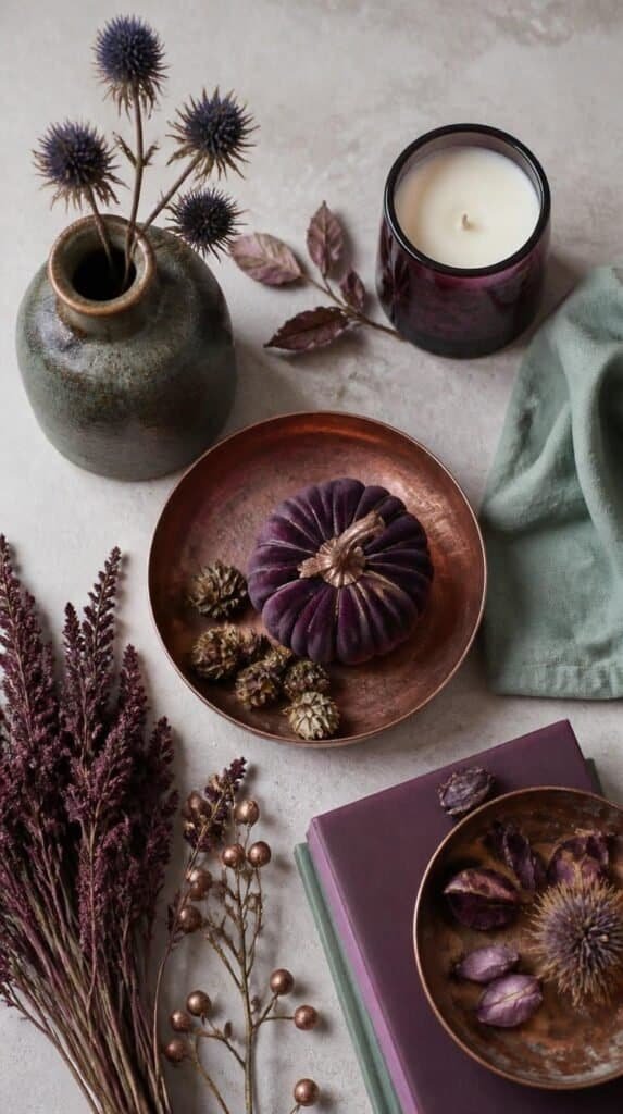 Finished non traditional fall decor flat lay with plum, sage, and copper toned accents