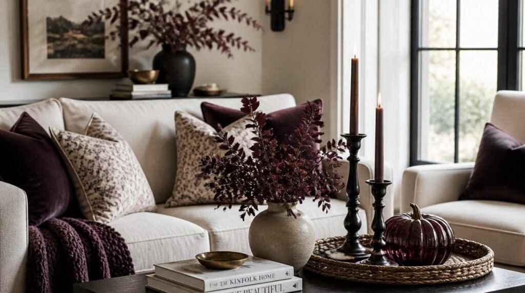 Non-traditional fall decor styled living room with plum and cream tones instead of orange and brown