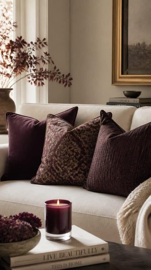 Deep plum and wine colored throw pillows and candles styled on a living room sofa for fall