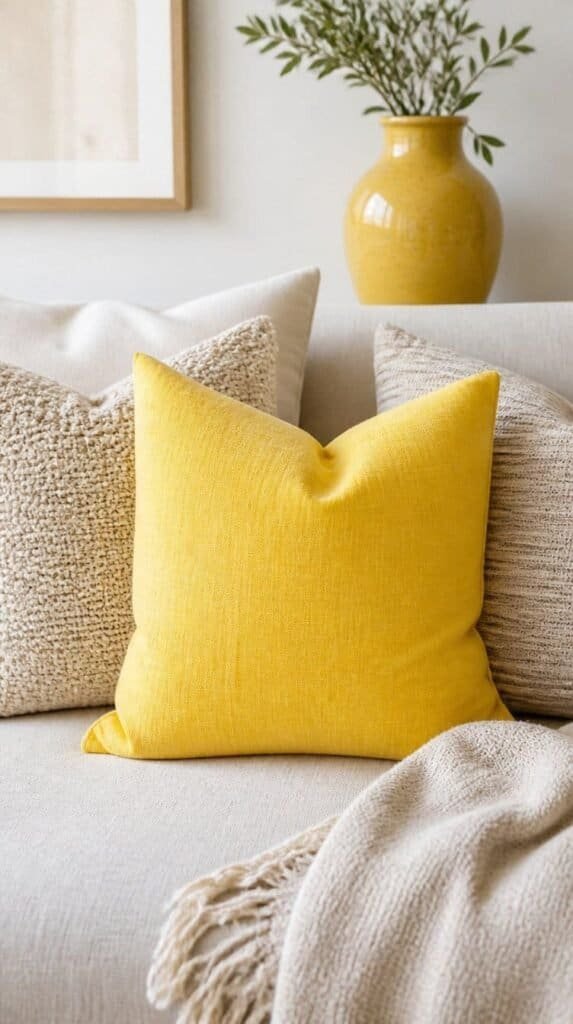 Bright citrus yellow pillow and ceramic accent styled in a neutral fall living room