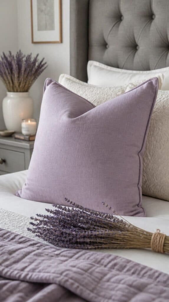 Soft lavender and grey styled bedroom corner for a cool toned fall look