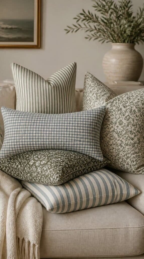 Mixed print throw pillows stacked on a neutral sofa for a non traditional fall look