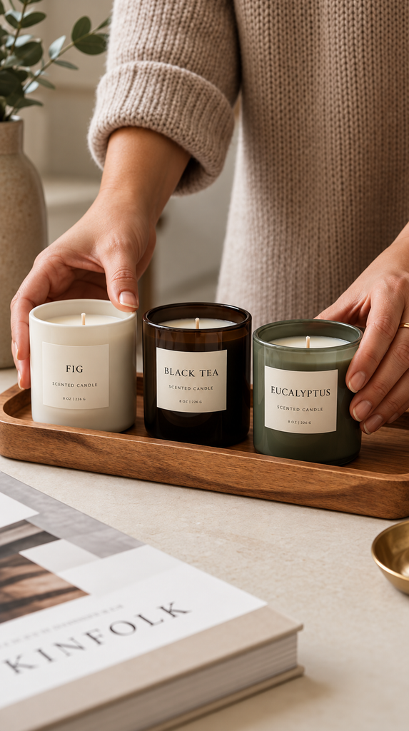 Close up of hands arranging a row of candles in different scents on a tray