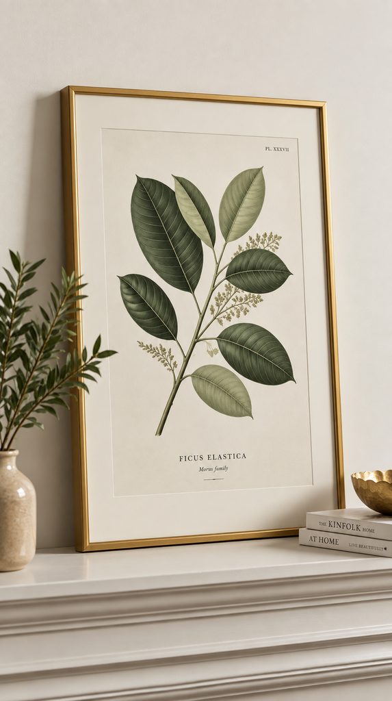 Framed botanical print leaning on a shelf as a fall decor alternative to pumpkins