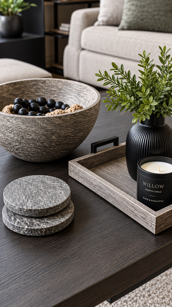 Cool toned grey wood bowl and coasters styled on a coffee table for fall