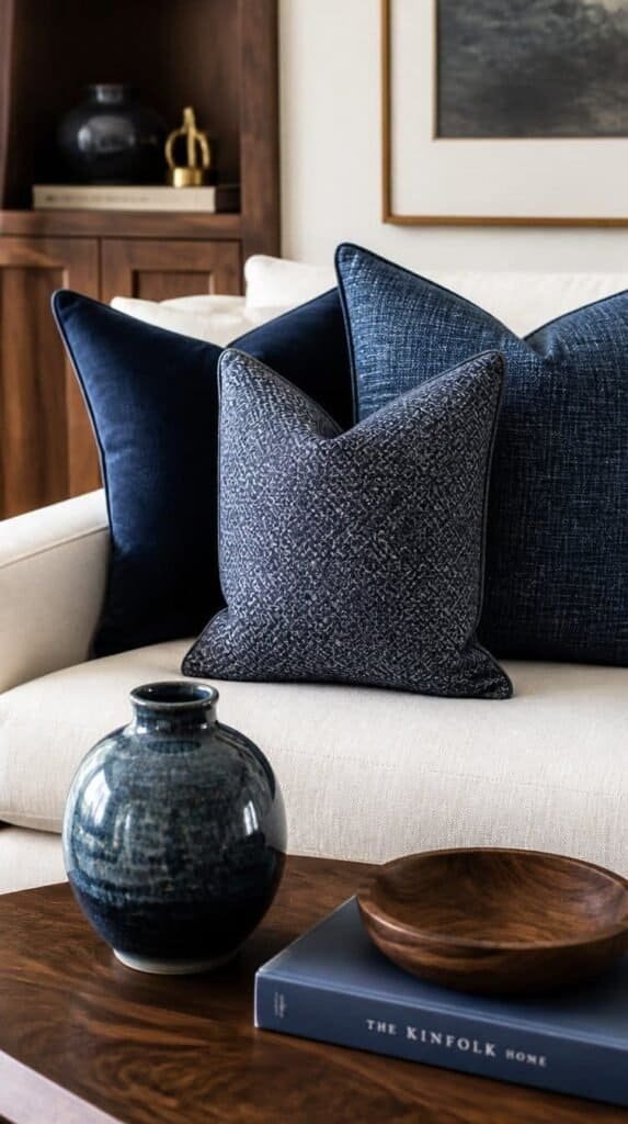 Deep blue accent pillows and ceramics styled for a cool toned fall living room