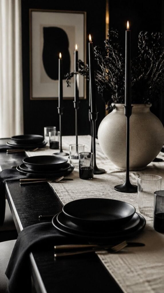 Black and cream styled fall vignette with candlesticks and ceramic vases
