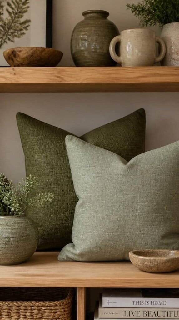 Sage green pillows and pottery styled on a shelf for a fresh fall look