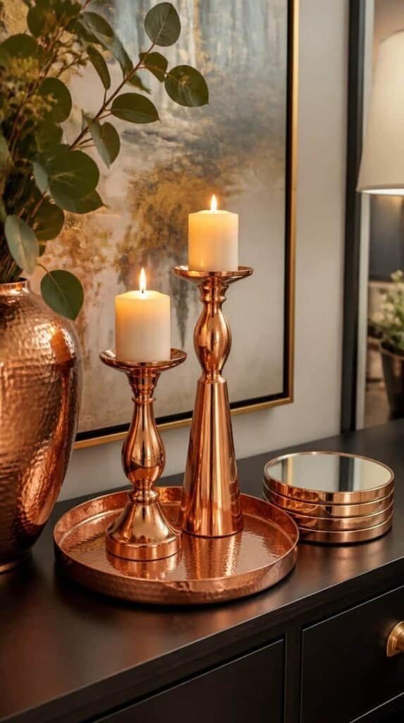 Copper candle holders and metallic accents styled on a console table for fall