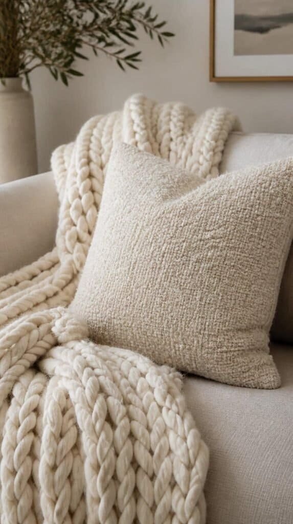 Chunky knit blanket and textured pillows styled on a sofa in place of leaf decor