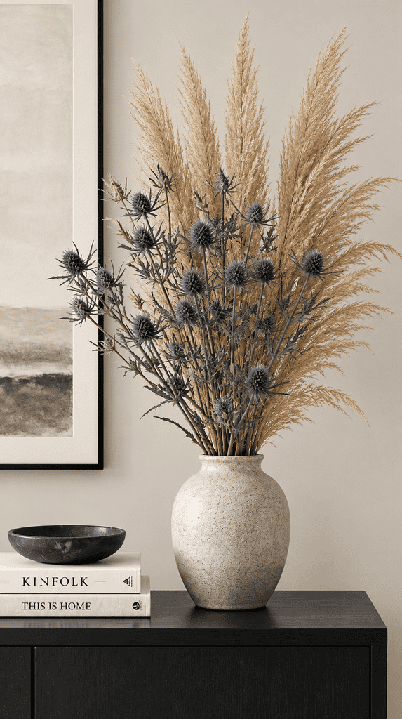 Dried blue thistle stems arranged in a ceramic vase on a console table