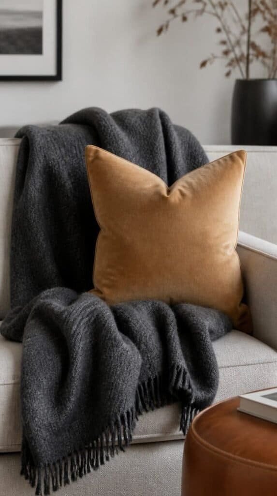 Charcoal grey and camel colored throw pillows styled together on a neutral sofa