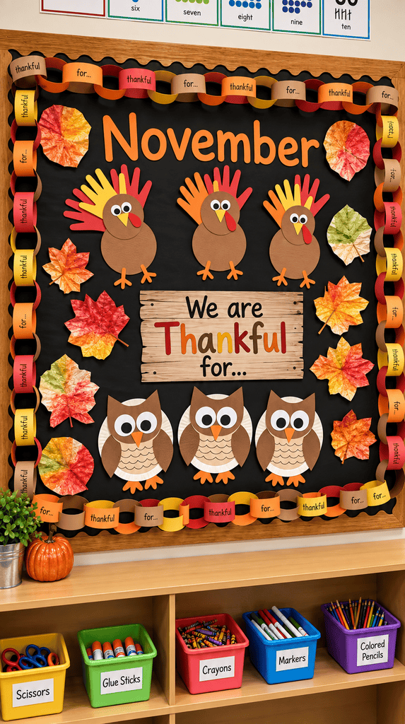 Kindergarten bulletin board decorated with November projects like turkeys, owls, and leaves