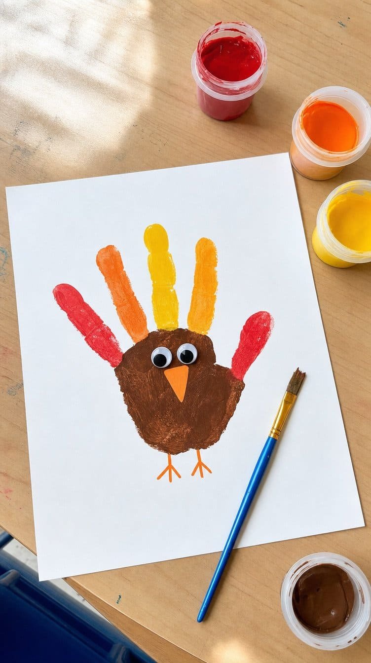 Kindergarten handprint turkey painting with colorful finger feathers and googly eyes - November kindergarten crafts