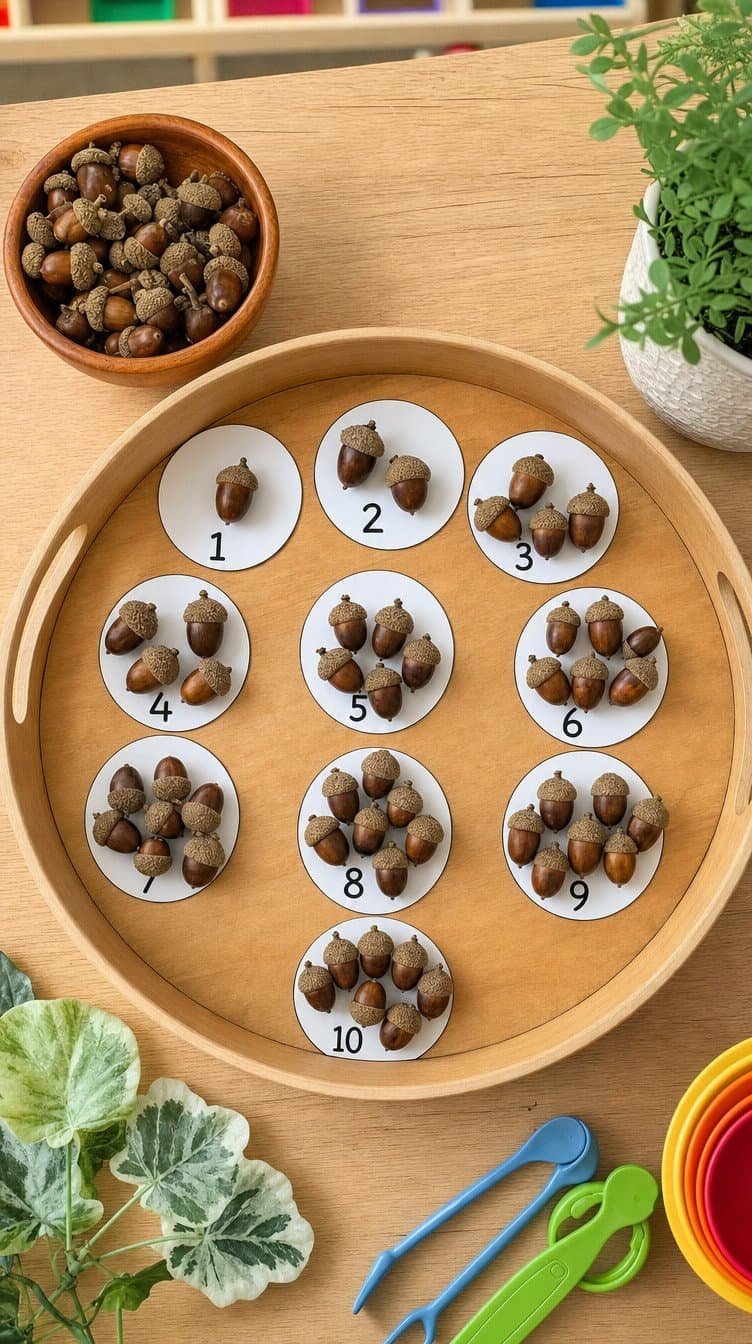 Acorn counting activity with numbered paper circles and acorns on a wooden tray
