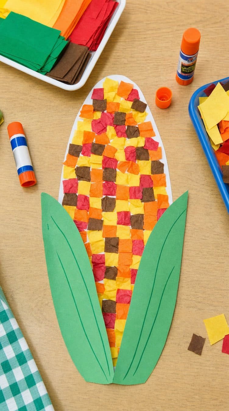 Tissue paper corn mosaic with yellow, orange, red, and brown squares and green husks