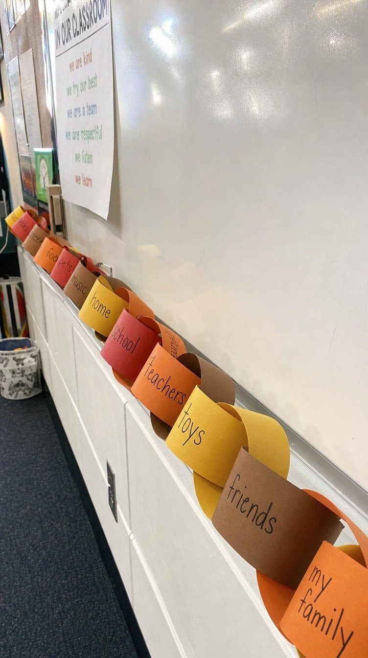 Thankful paper chain in fall colors with kids' written words draped across a whiteboard