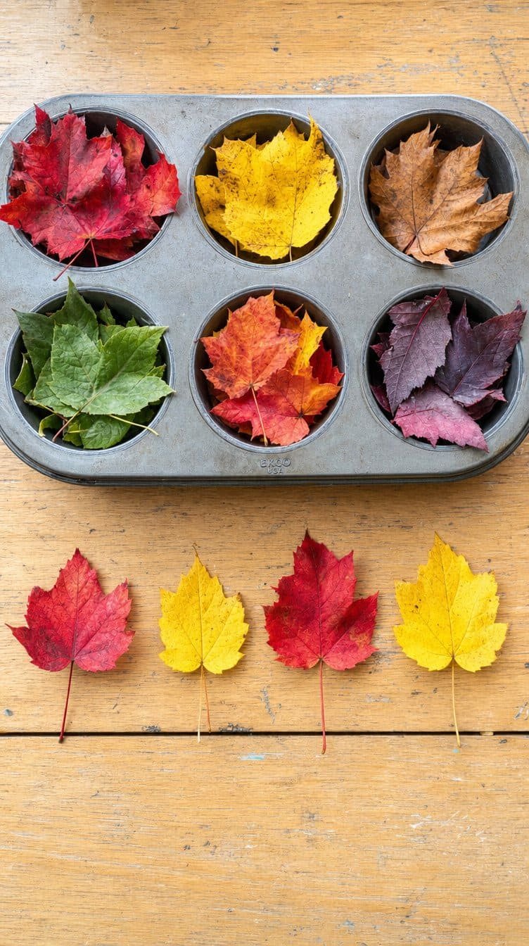 Autumn leaves sorted by color in a muffin tin beside a red and yellow leaf pattern