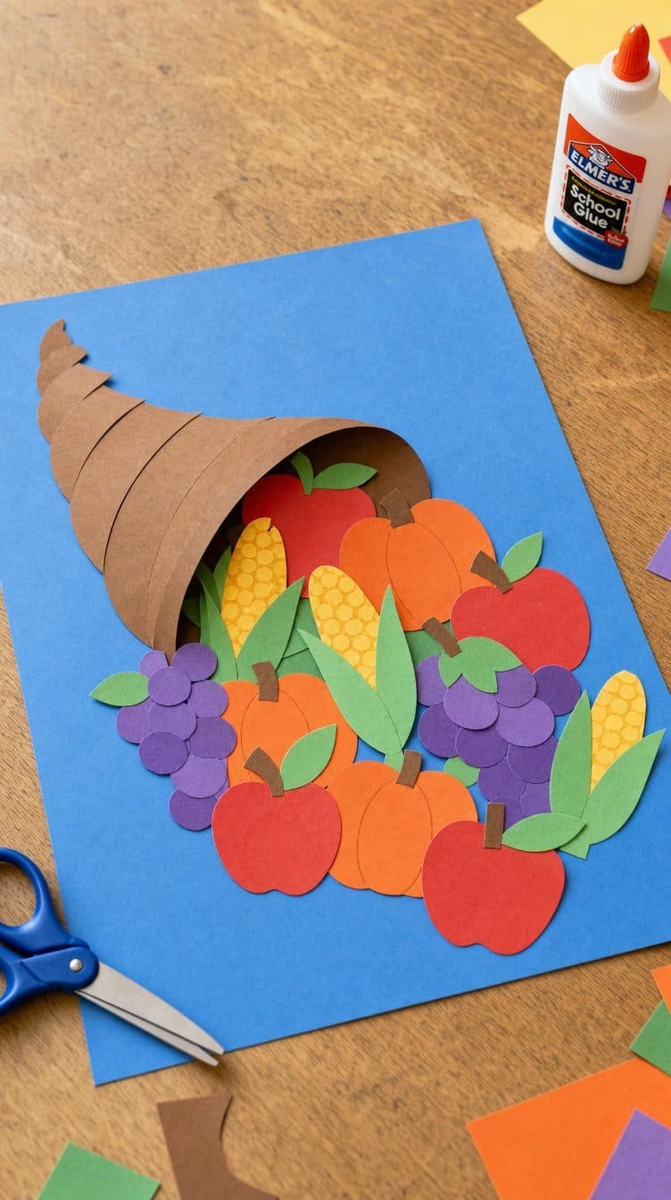 Kindergarten cornucopia collage with paper fruits and vegetables spilling from a paper horn